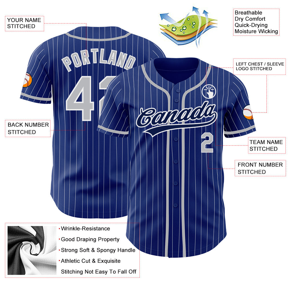 Custom Royal White Pinstripe Gray-Navy Authentic Baseball Jersey view 3