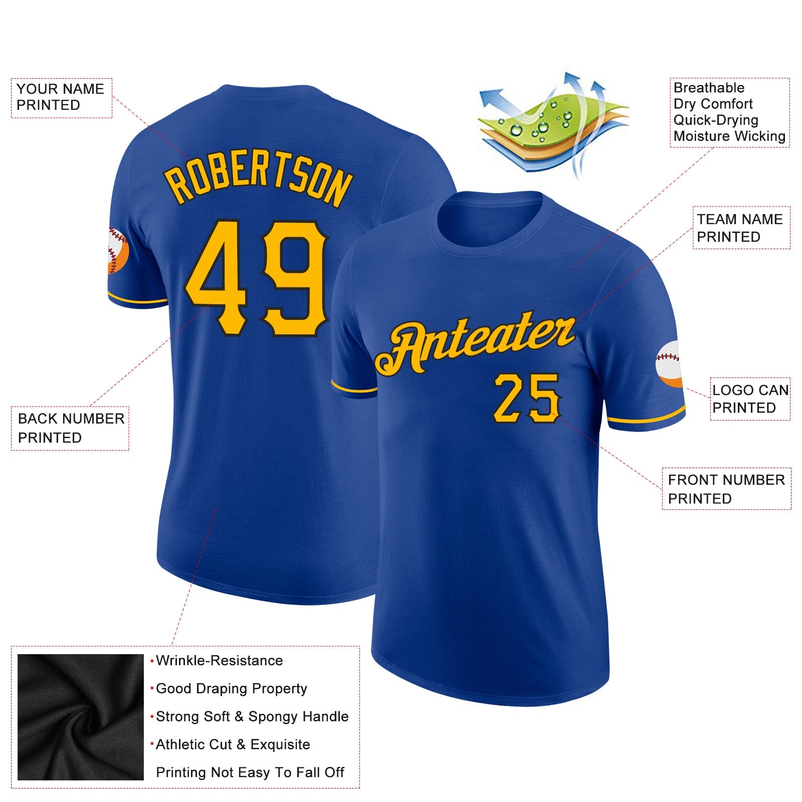 Custom Royal Gold-Black Performance T-Shirt view 2