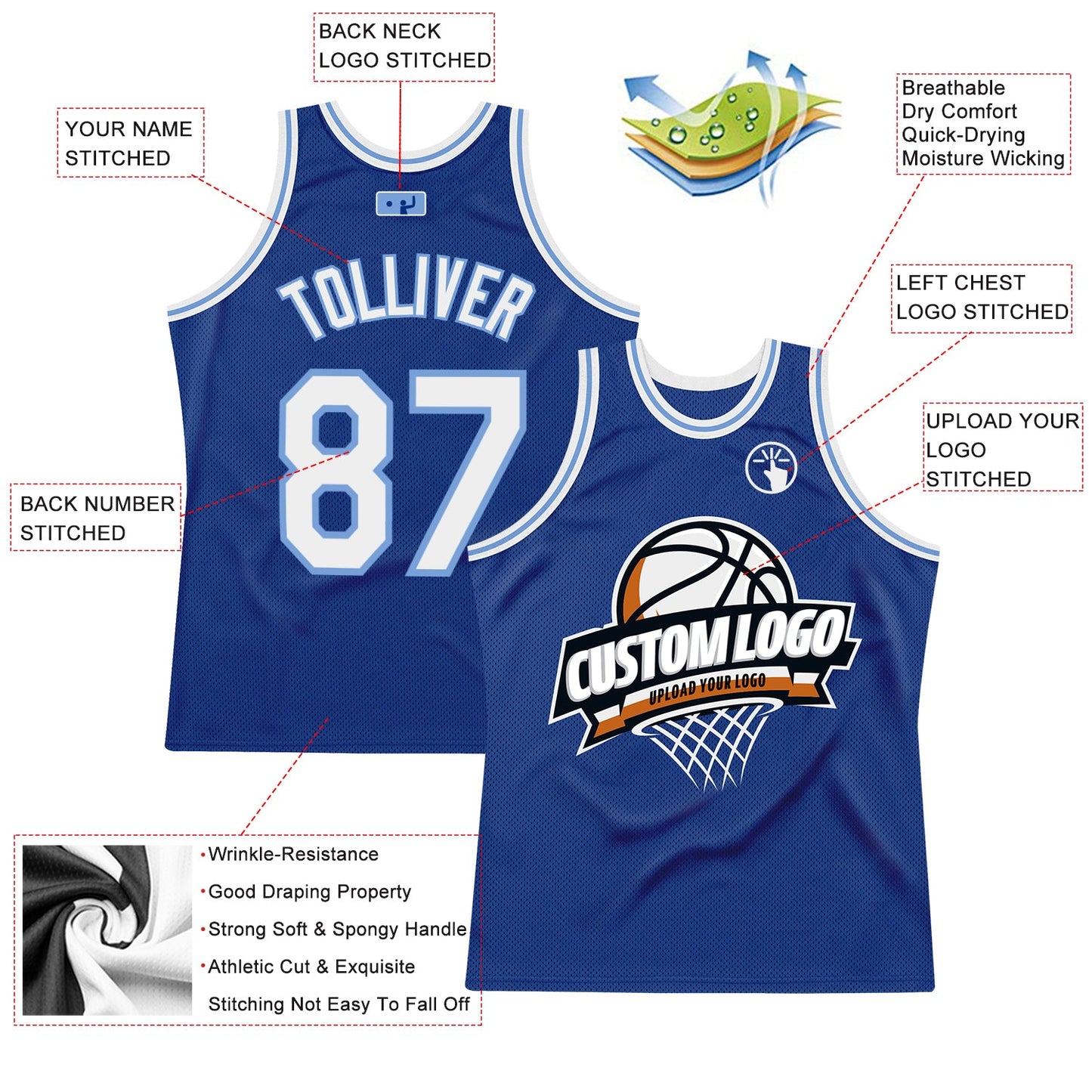 Custom Royal White-Light Blue Authentic Throwback Basketball Jersey view 2