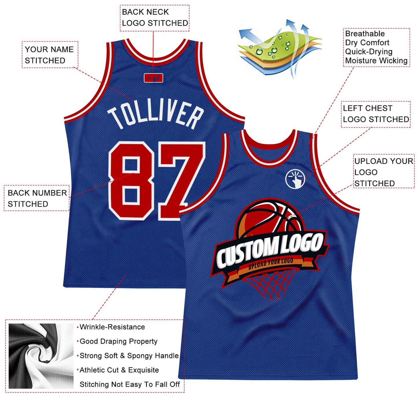 Custom Royal Red-White Authentic Throwback Basketball Jersey view 2