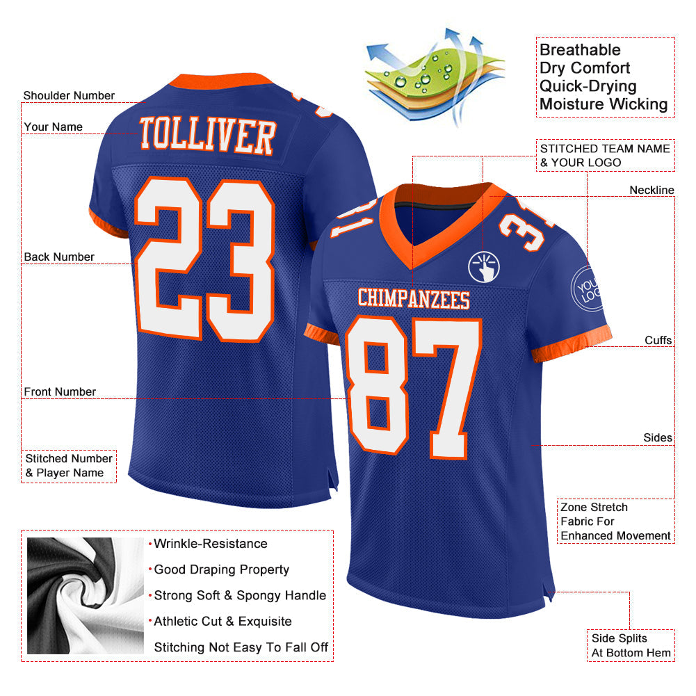 Custom Royal White-Orange Mesh Authentic Football Jersey view 2