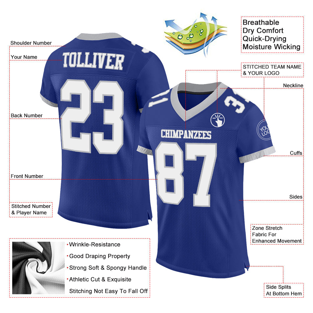 Custom Royal White-Gray Mesh Authentic Football Jersey view 2