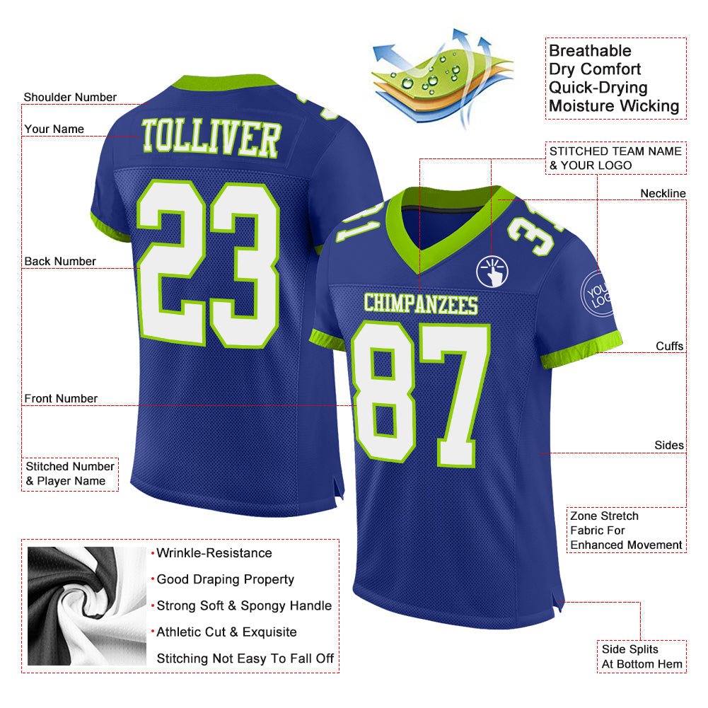 Custom Royal White-Neon Green Mesh Authentic Football Jersey view 2