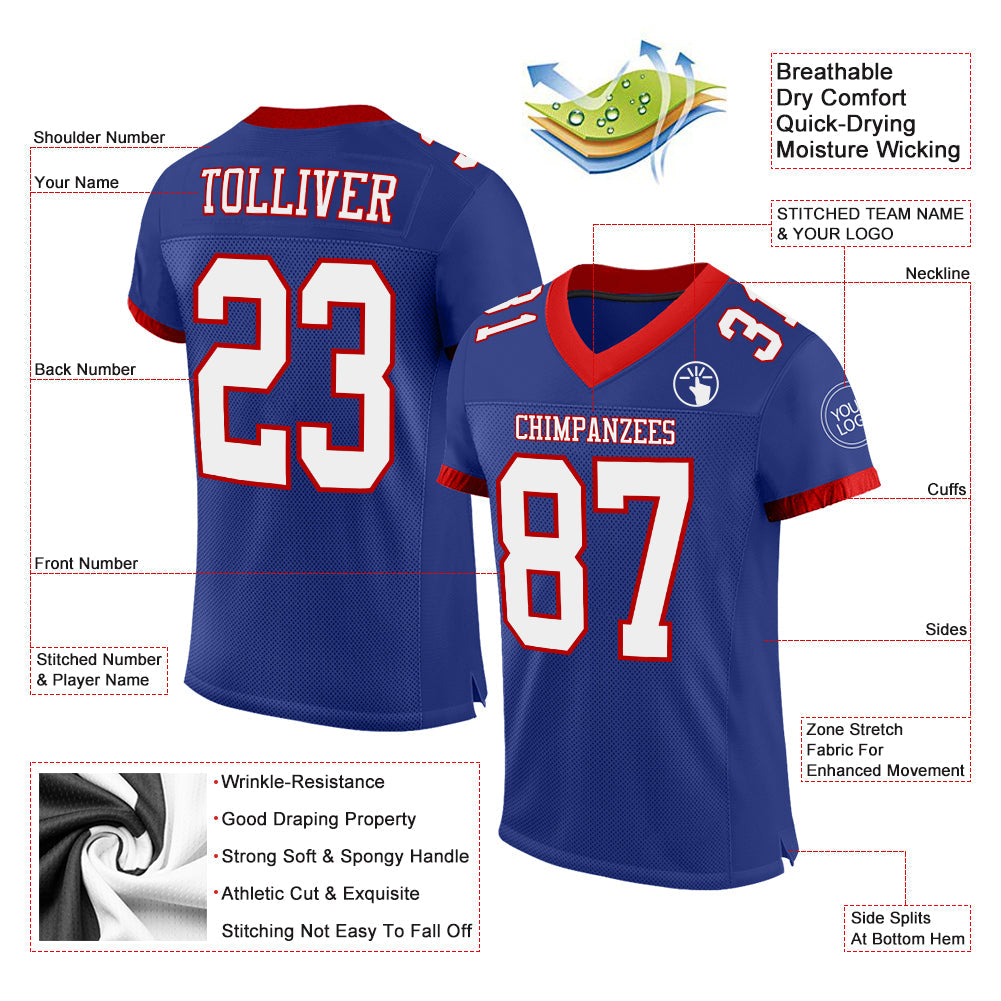 Custom Royal White-Red Mesh Authentic Football Jersey view 2