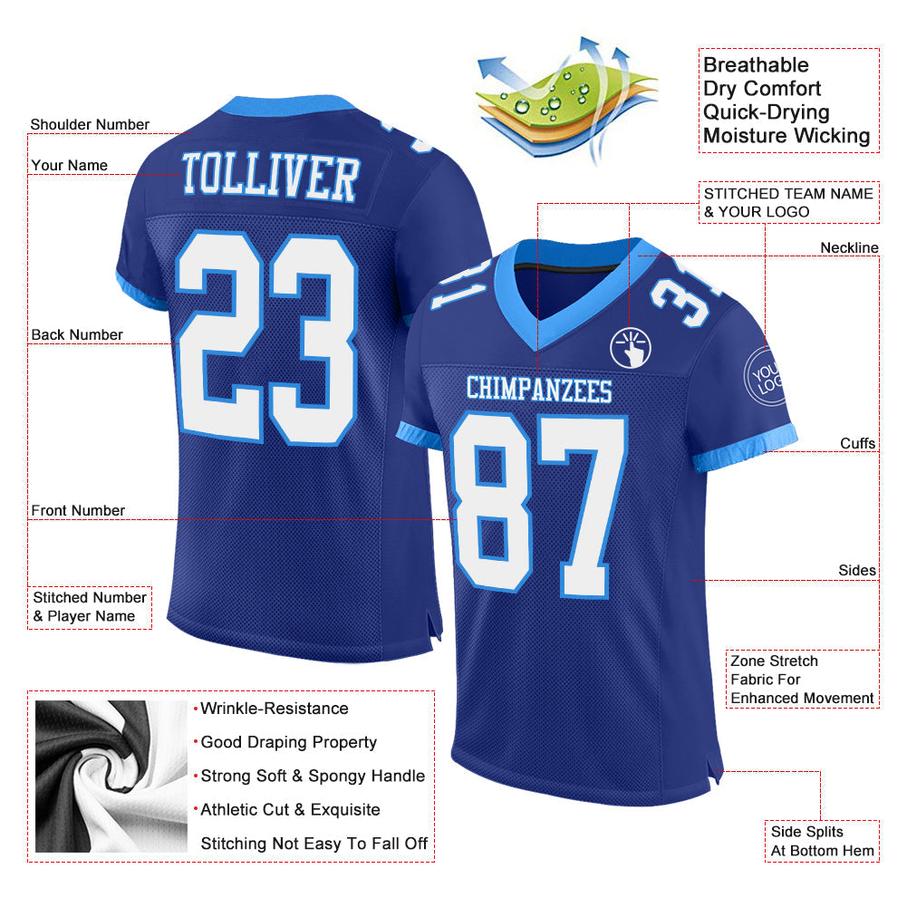 Custom Royal White-Powder Blue Mesh Authentic Football Jersey view 2