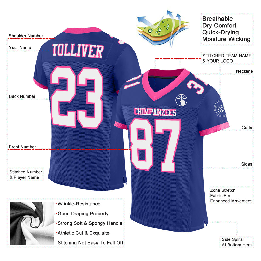 Custom Royal White-Pink Mesh Authentic Football Jersey view 2