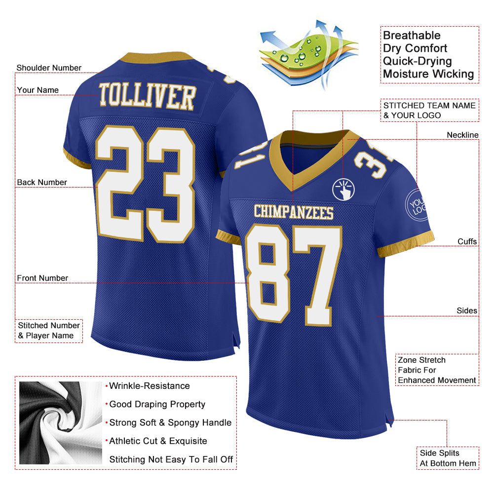 Custom Royal White-Old Gold Mesh Authentic Football Jersey view 2