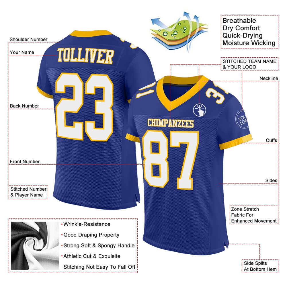 Custom Royal White-Gold Mesh Authentic Football Jersey view 3