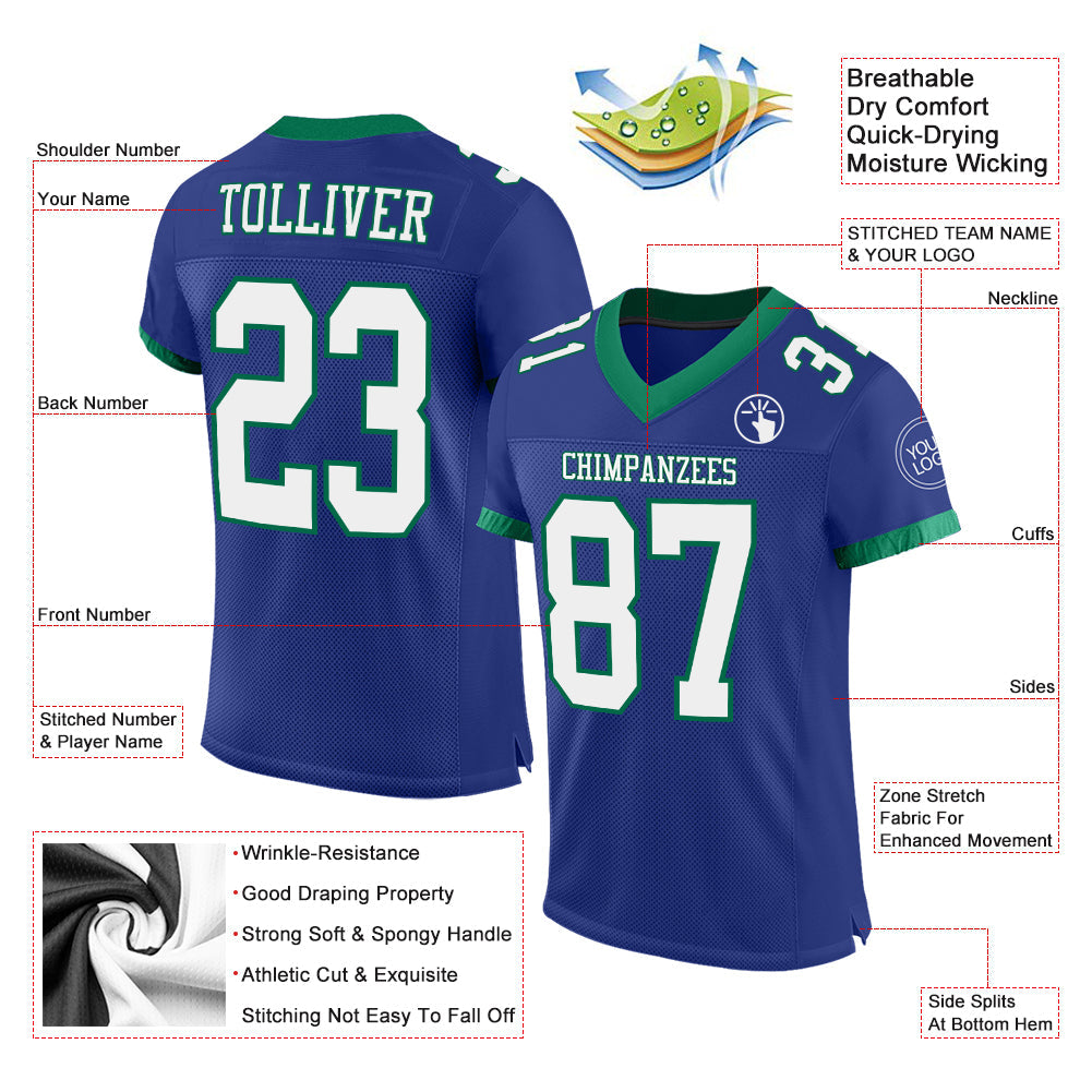 Custom Royal White-Kelly Green Mesh Authentic Football Jersey view 2