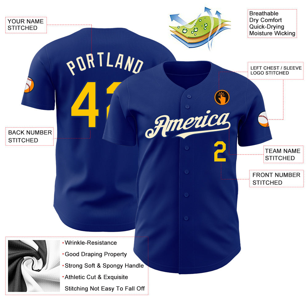 Custom Royal Yellow-Cream Authentic Baseball Jersey view 3