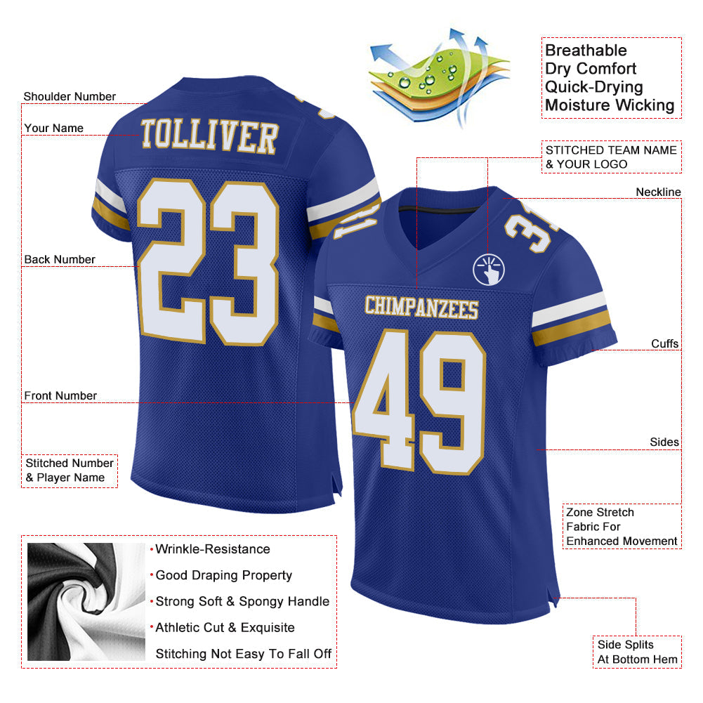 Custom Royal White-Old Gold Mesh Authentic Football Jersey view 2