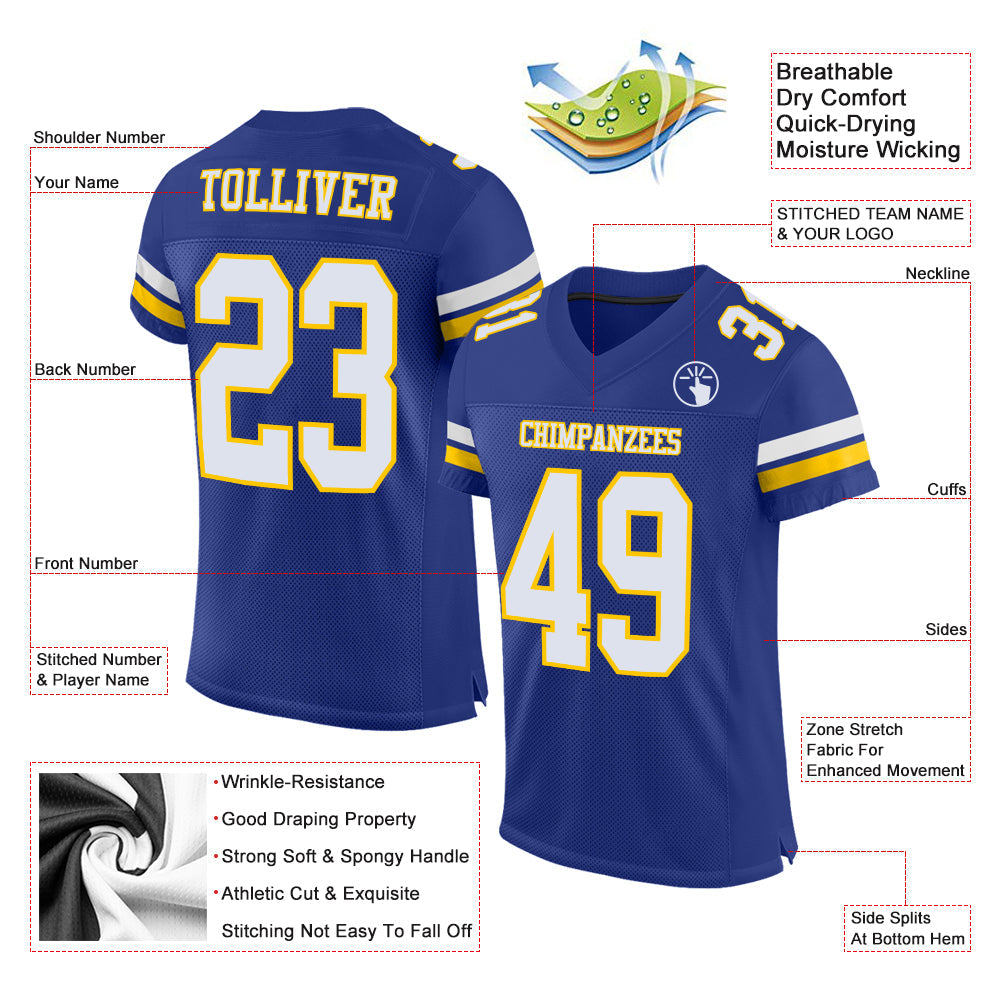 Custom Royal White-Yellow Mesh Authentic Football Jersey view 2
