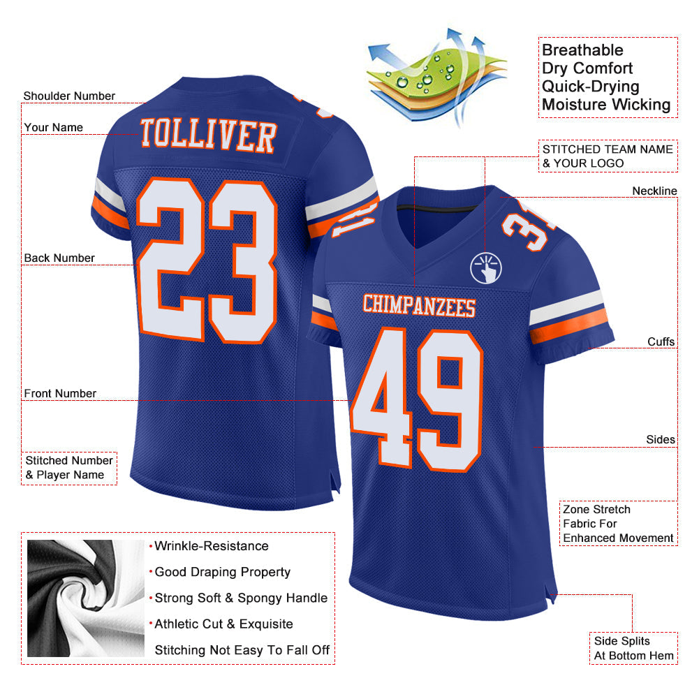 Custom Royal White-Orange Mesh Authentic Football Jersey view 2