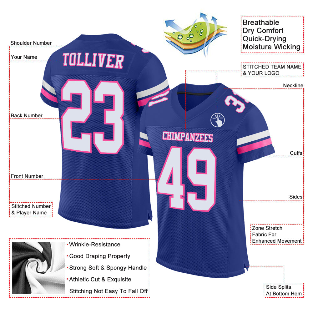 Custom Royal White-Pink Mesh Authentic Football Jersey view 2