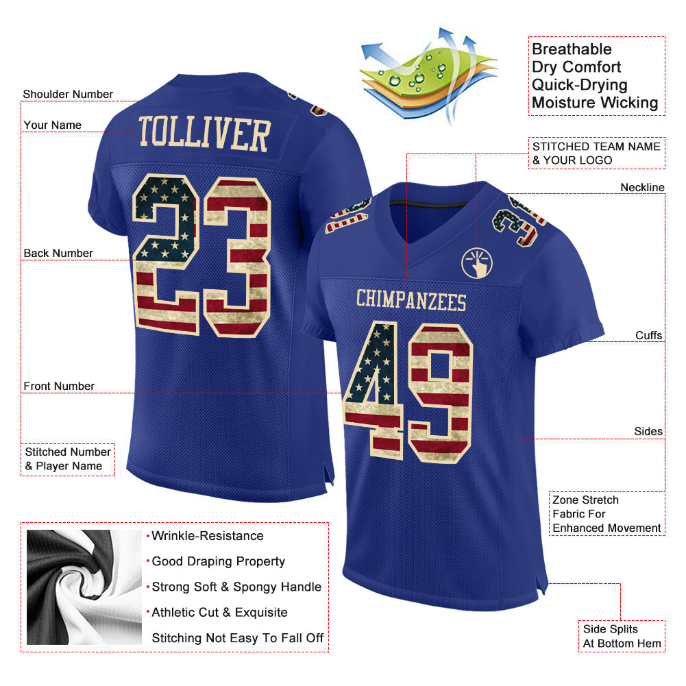 Custom Royal Vintage USA Flag-City Cream Mesh Authentic Football Jersey view 2