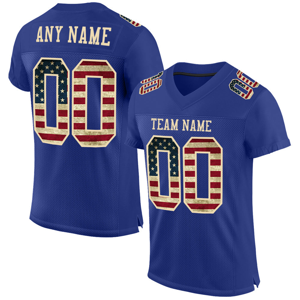 Custom Royal Vintage USA Flag-City Cream Mesh Authentic Football Jersey - Main View