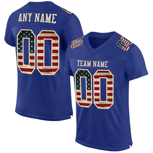 Custom Royal Vintage USA Flag-City Cream Mesh Authentic Football Jersey - Main View
