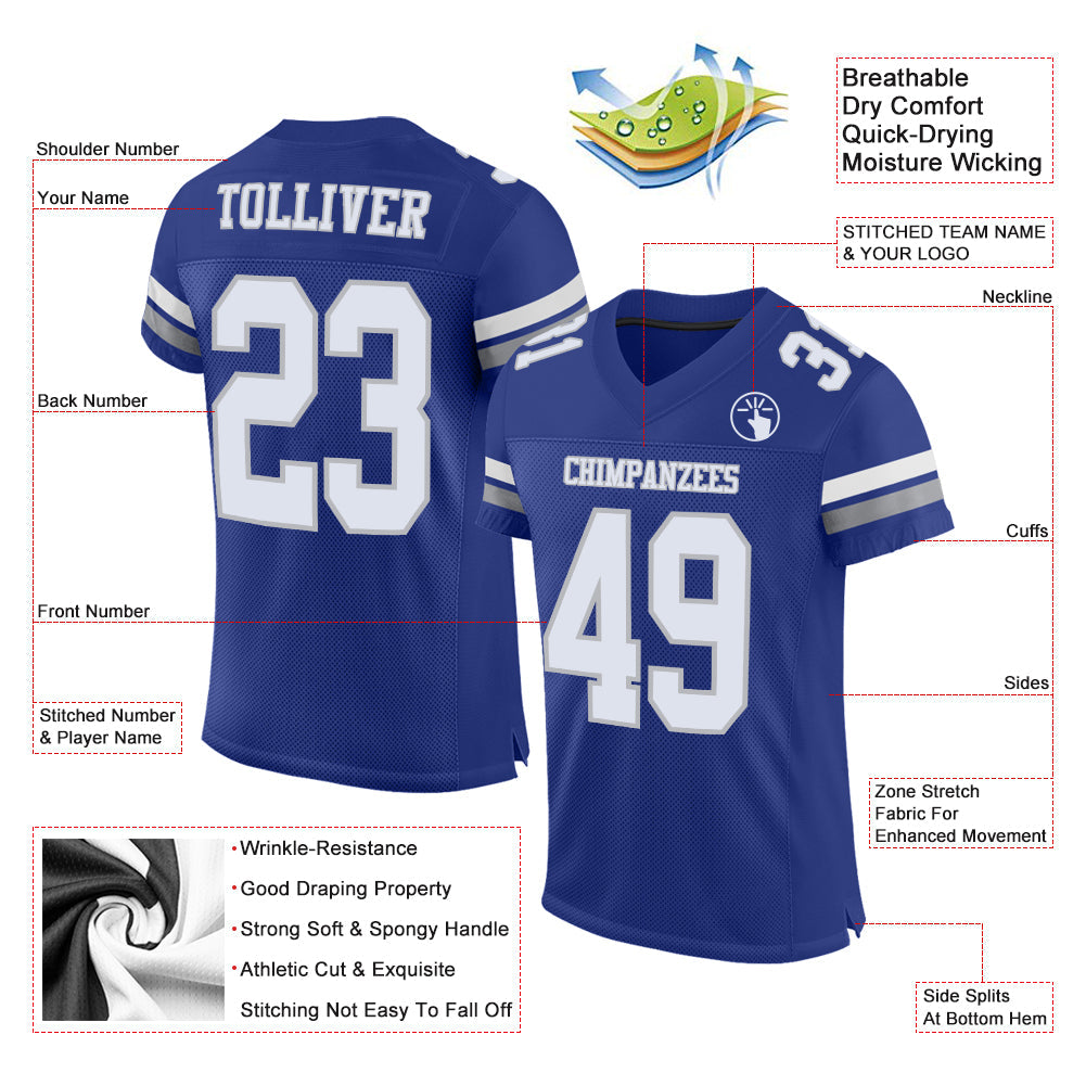 Custom Royal White-Gray Mesh Authentic Football Jersey view 2