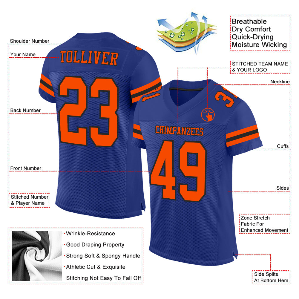 Custom Royal Orange-Black Mesh Authentic Football Jersey view 2