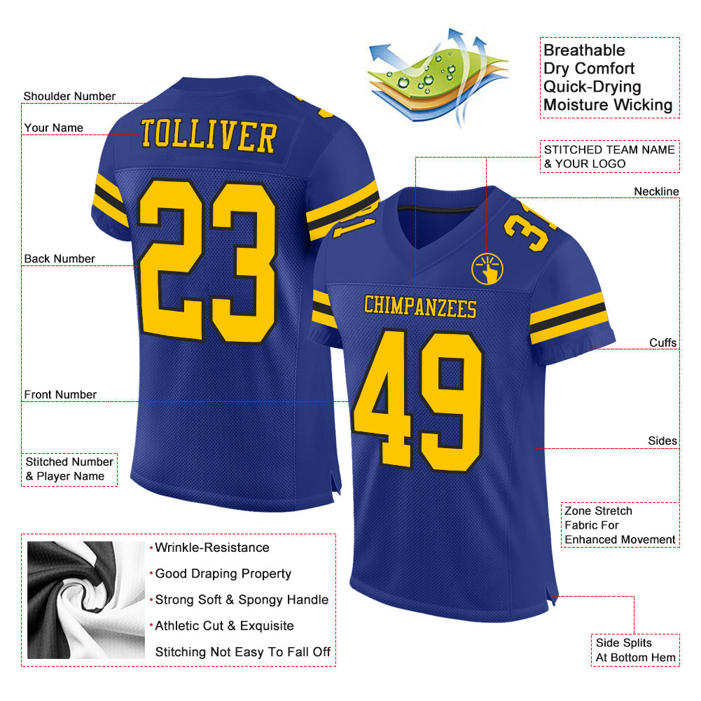 Custom Royal Yellow-Black Mesh Authentic Football Jersey view 2