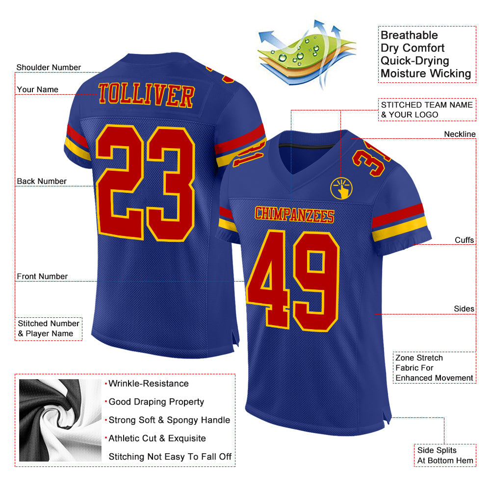 Custom Royal Red-Yellow Mesh Authentic Football Jersey view 2