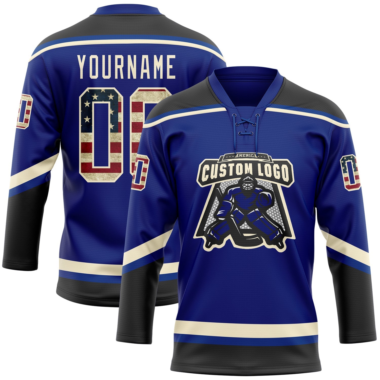 Custom Royal Vintage USA Flag Black-Cream Hockey Lace Neck Jersey view 2