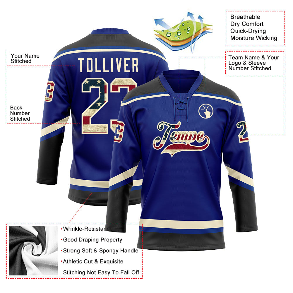 Custom Royal Vintage USA Flag Black-Cream Hockey Lace Neck Jersey view 3
