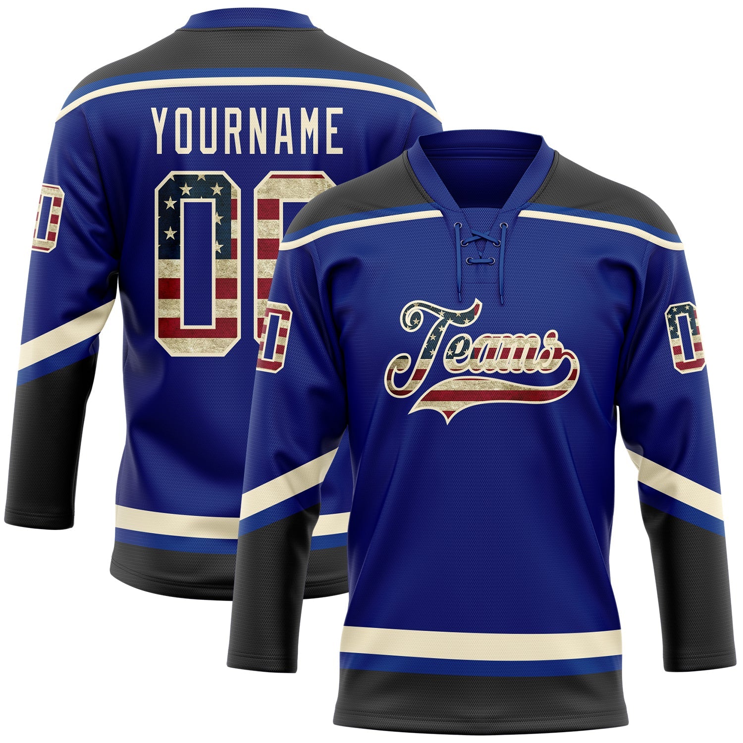 Custom Royal Vintage USA Flag Black-Cream Hockey Lace Neck Jersey - Main View