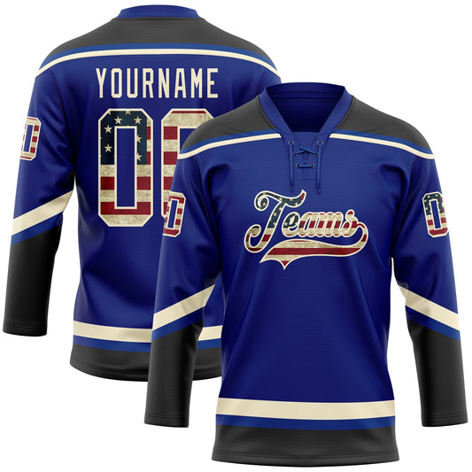 Custom Royal Vintage USA Flag Black-Cream Hockey Lace Neck Jersey - Main View