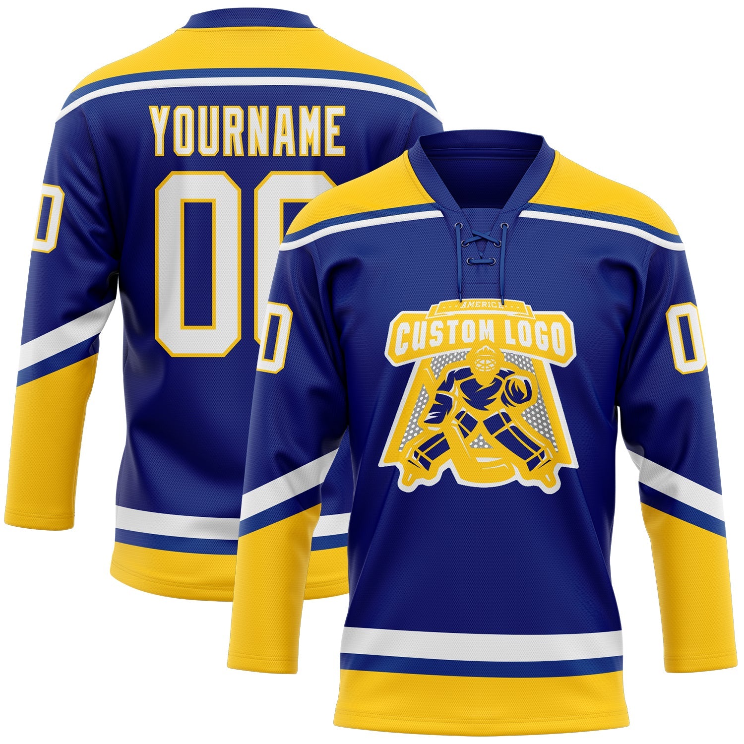 Custom Royal White-Yellow Hockey Lace Neck Jersey view 2