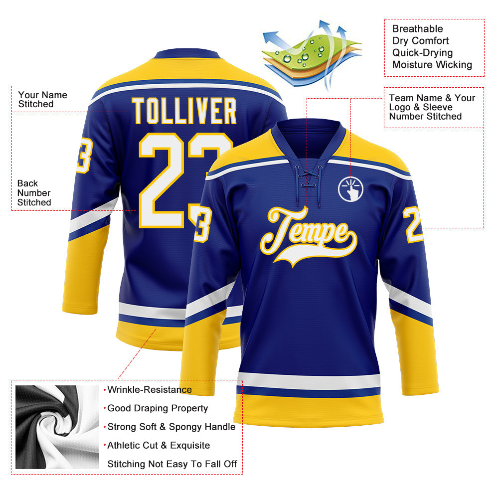 Custom Royal White-Yellow Hockey Lace Neck Jersey view 3