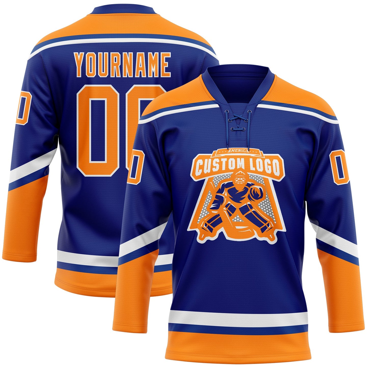 Custom Royal Bay Orange-White Hockey Lace Neck Jersey view 2