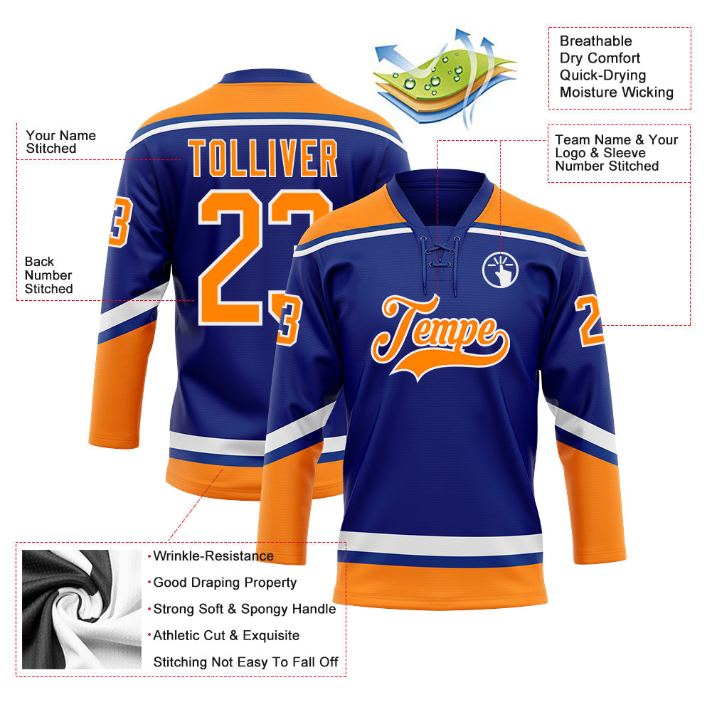Custom Royal Bay Orange-White Hockey Lace Neck Jersey view 3