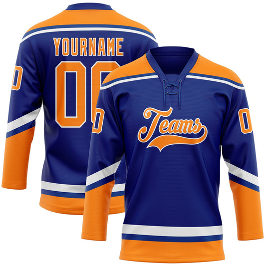 Custom Royal Bay Orange-White Hockey Lace Neck Jersey - Main View