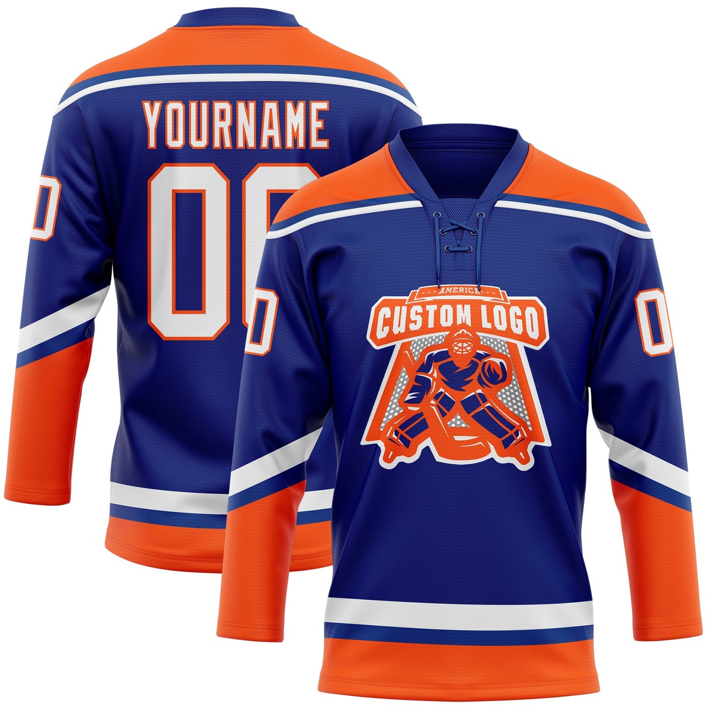 Custom Royal White-Orange Hockey Lace Neck Jersey view 2