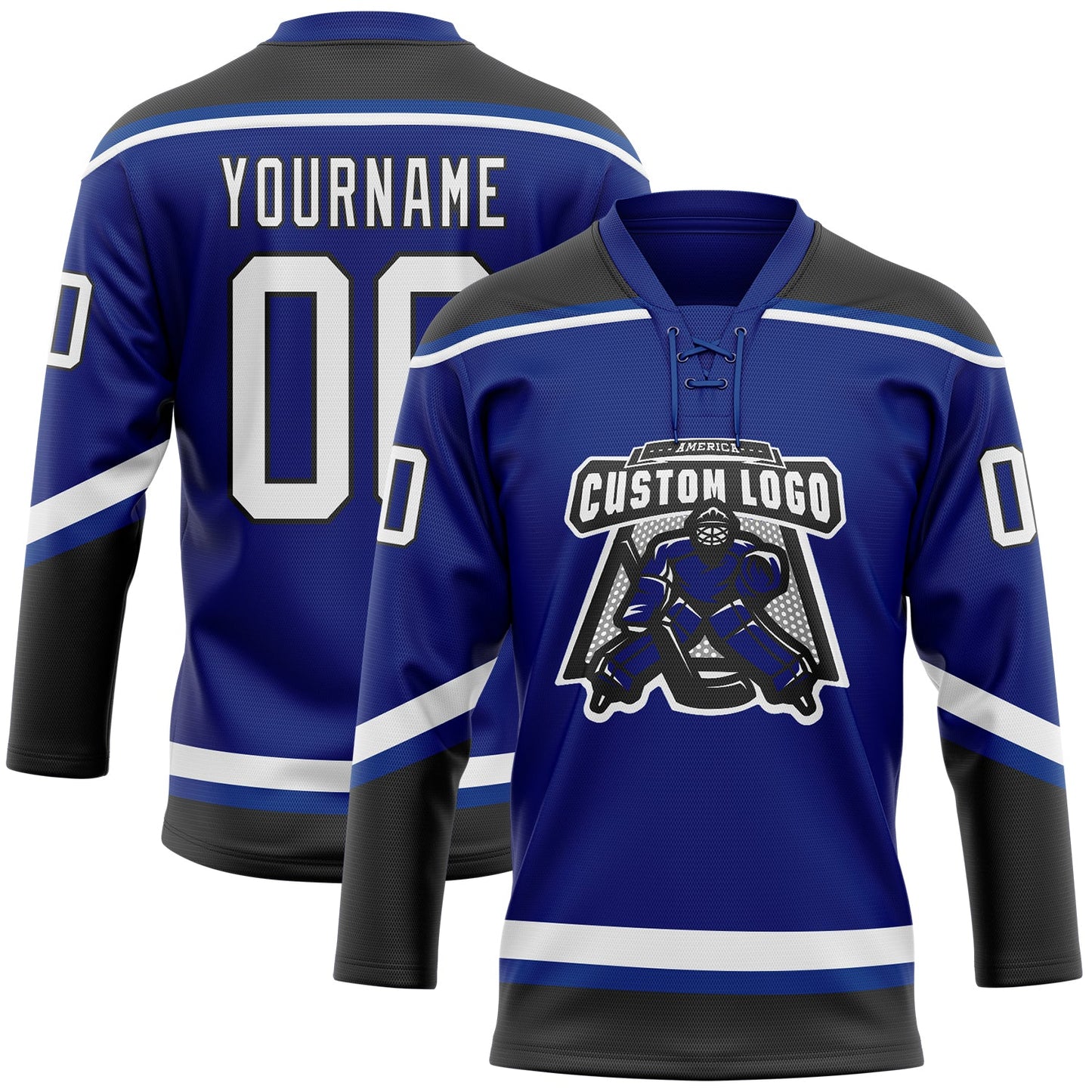 Custom Royal White-Black Hockey Lace Neck Jersey view 2