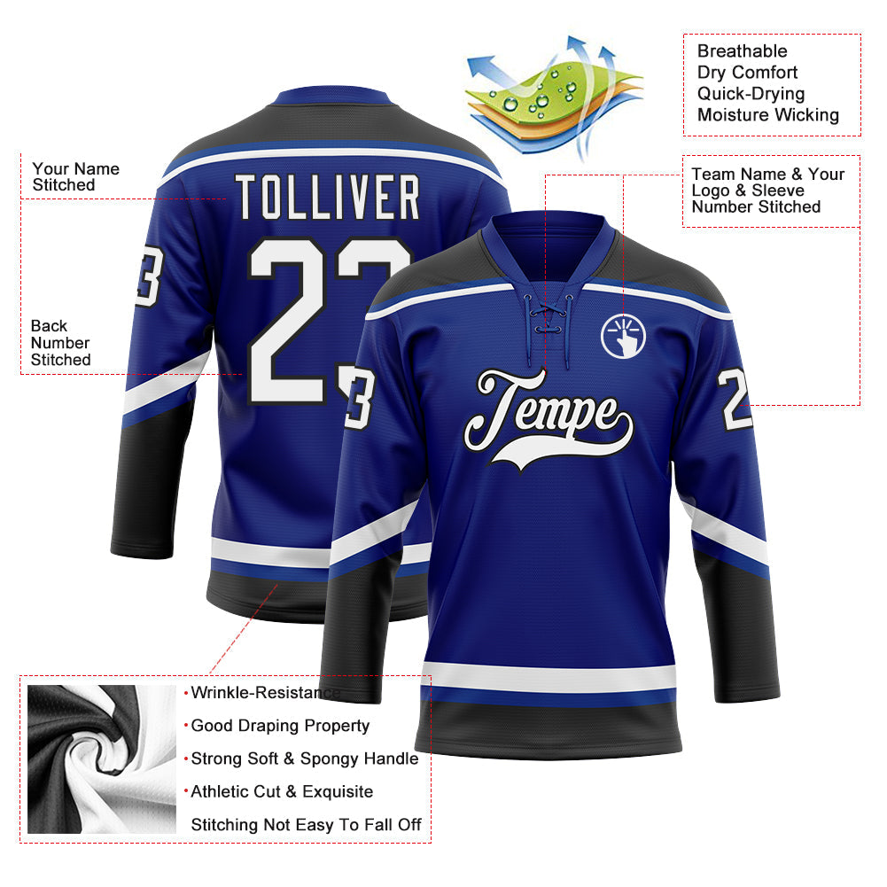 Custom Royal White-Black Hockey Lace Neck Jersey view 3