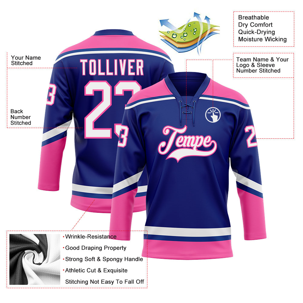 Custom Royal White-Pink Hockey Lace Neck Jersey view 3