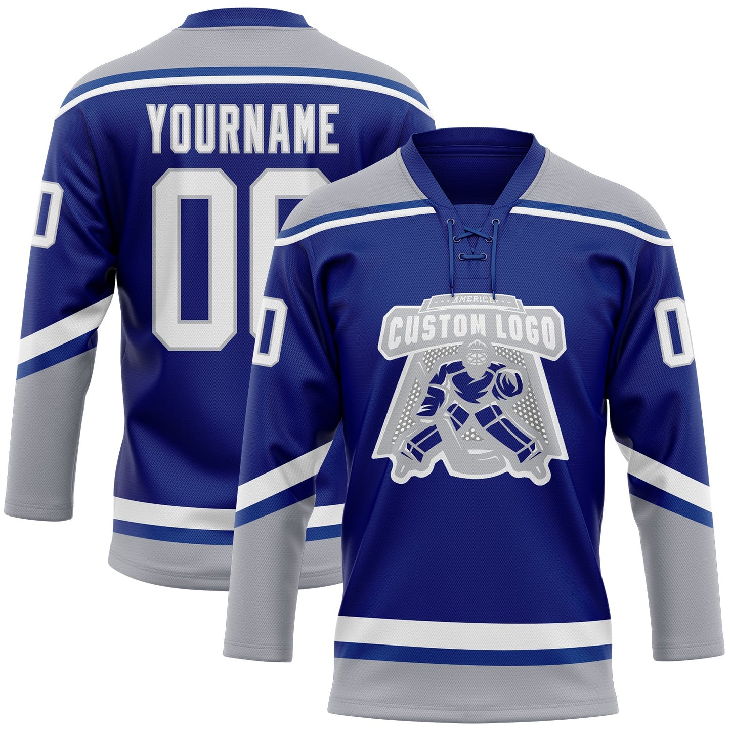 Custom Royal White-Gray Hockey Lace Neck Jersey view 2