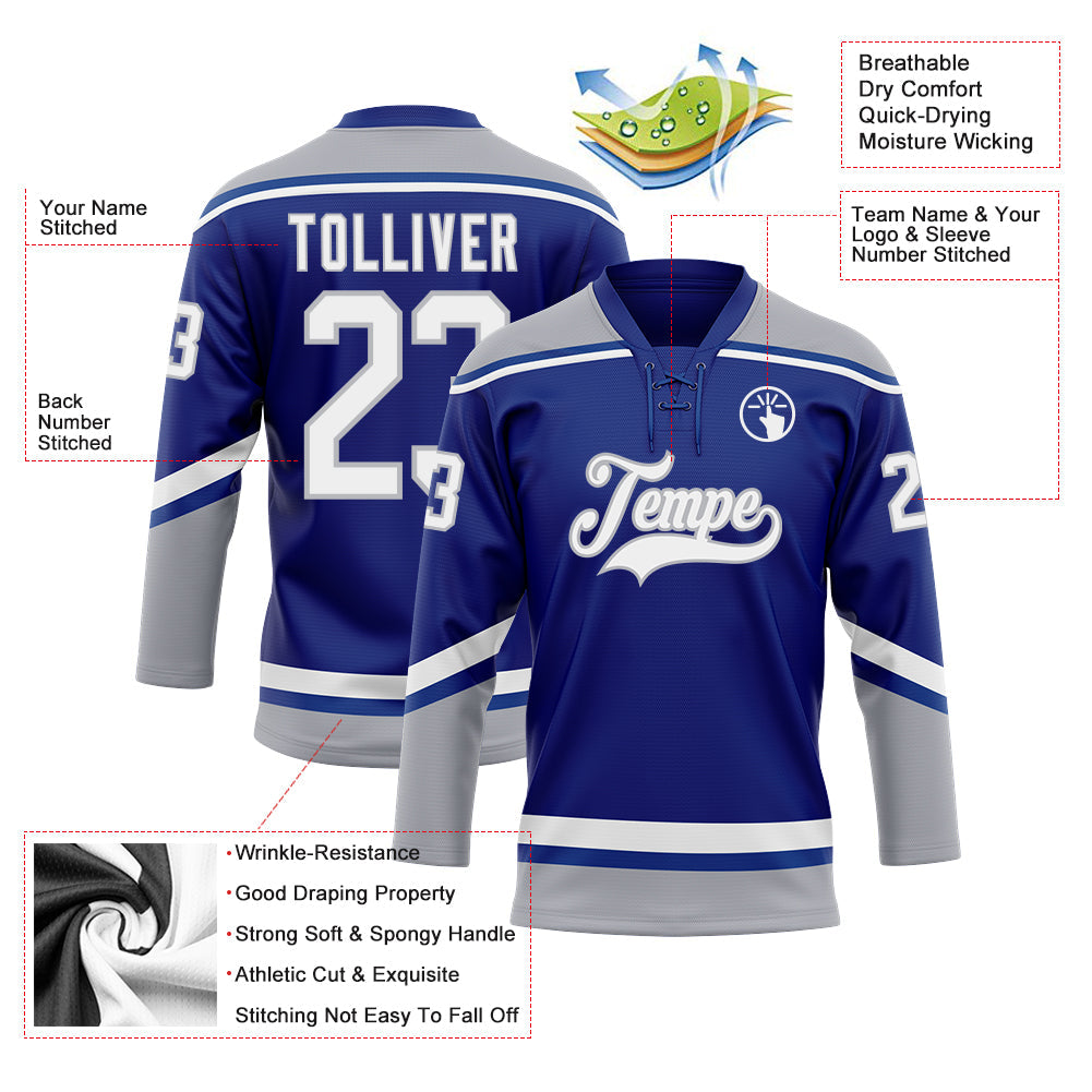 Custom Royal White-Gray Hockey Lace Neck Jersey view 3