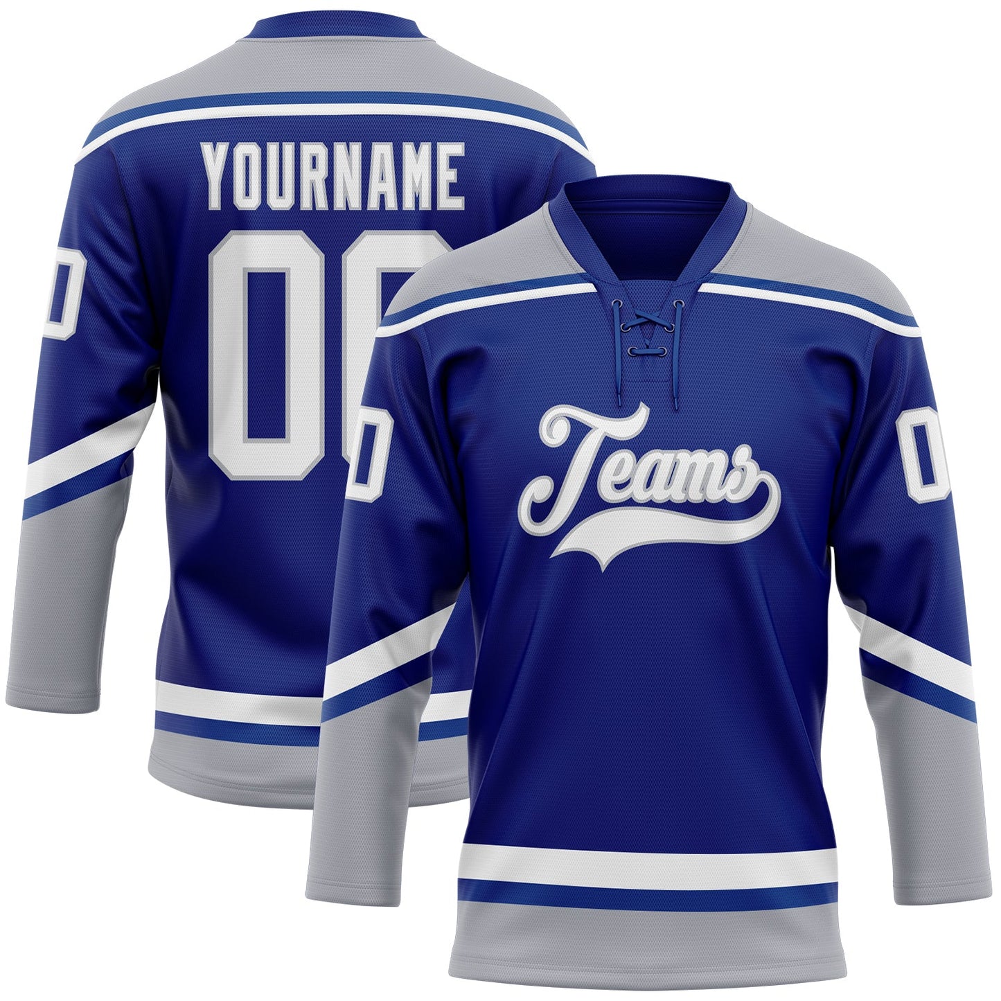 Custom Royal White-Gray Hockey Lace Neck Jersey - Main View
