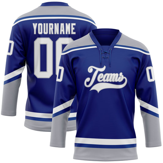 Custom Royal White-Gray Hockey Lace Neck Jersey - Main View