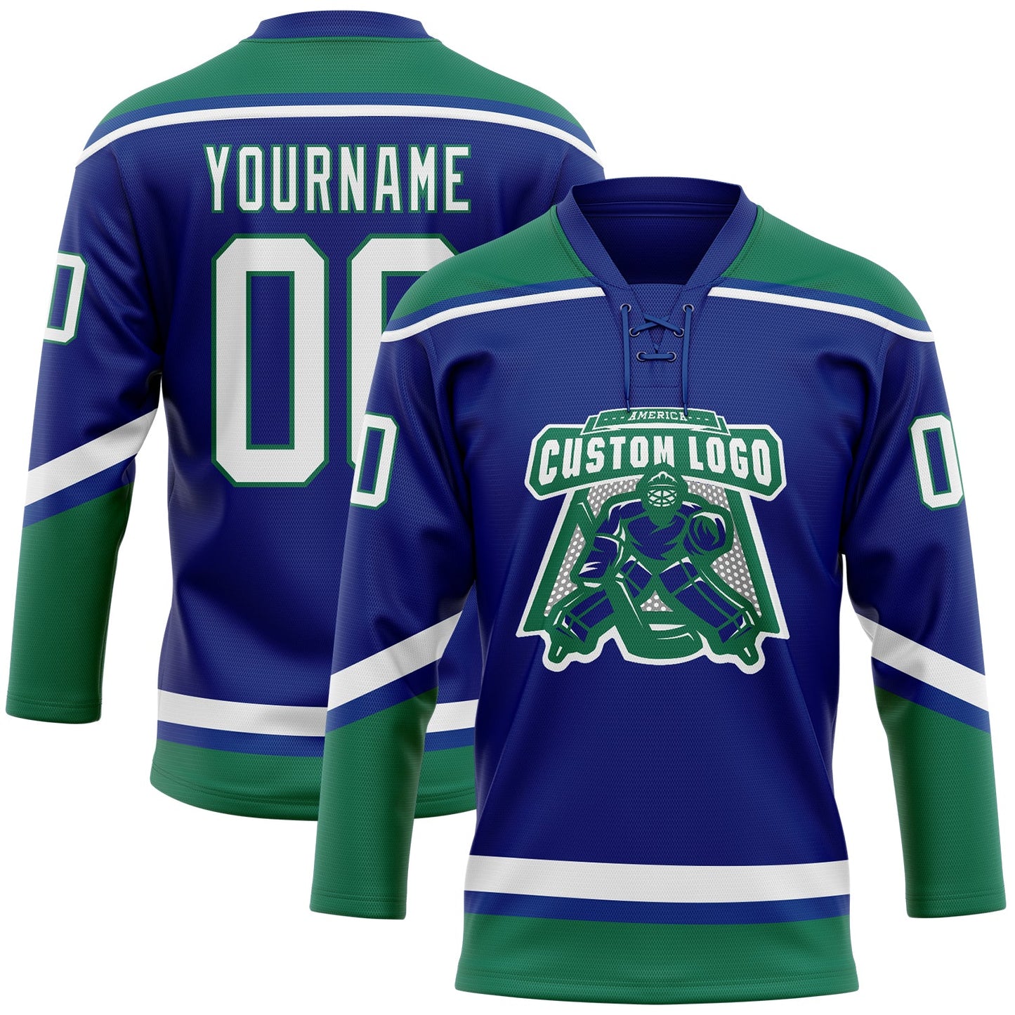 Custom Royal White-Kelly Green Hockey Lace Neck Jersey view 2