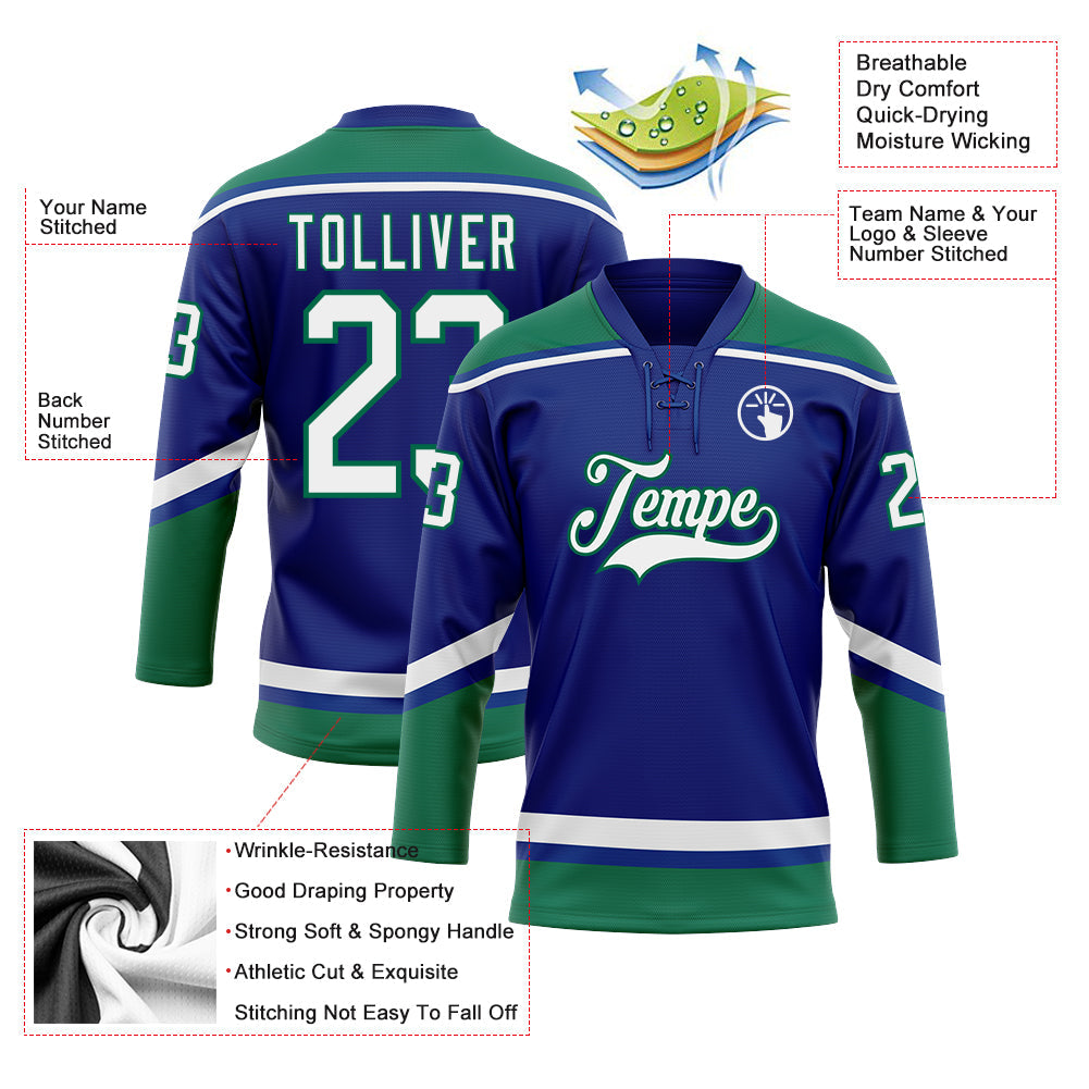 Custom Royal White-Kelly Green Hockey Lace Neck Jersey view 3