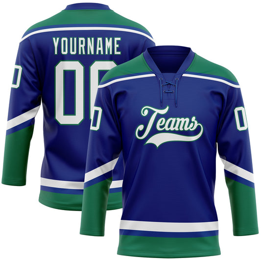 Custom Royal White-Kelly Green Hockey Lace Neck Jersey - Main View