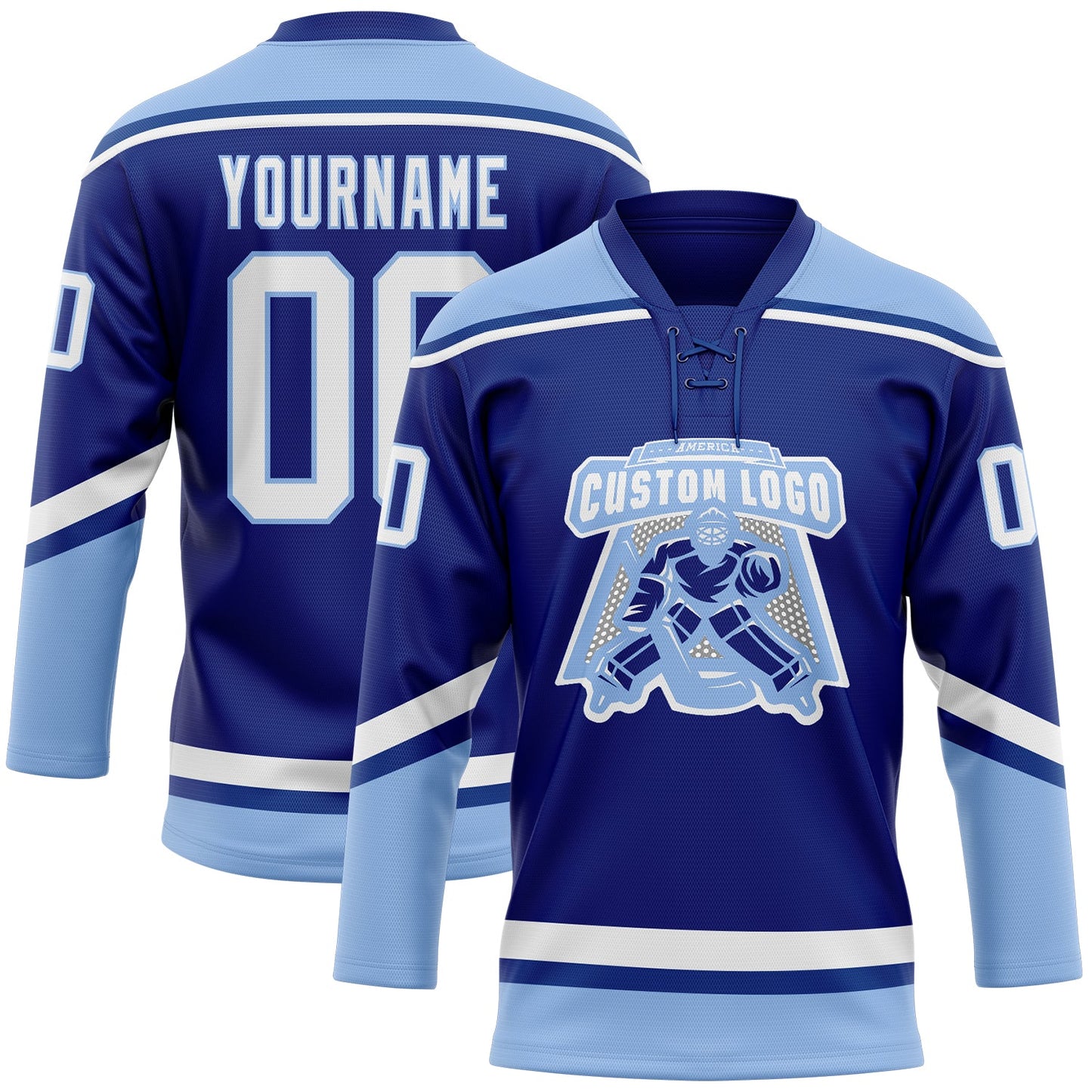 Custom Royal White-Light Blue Hockey Lace Neck Jersey view 2