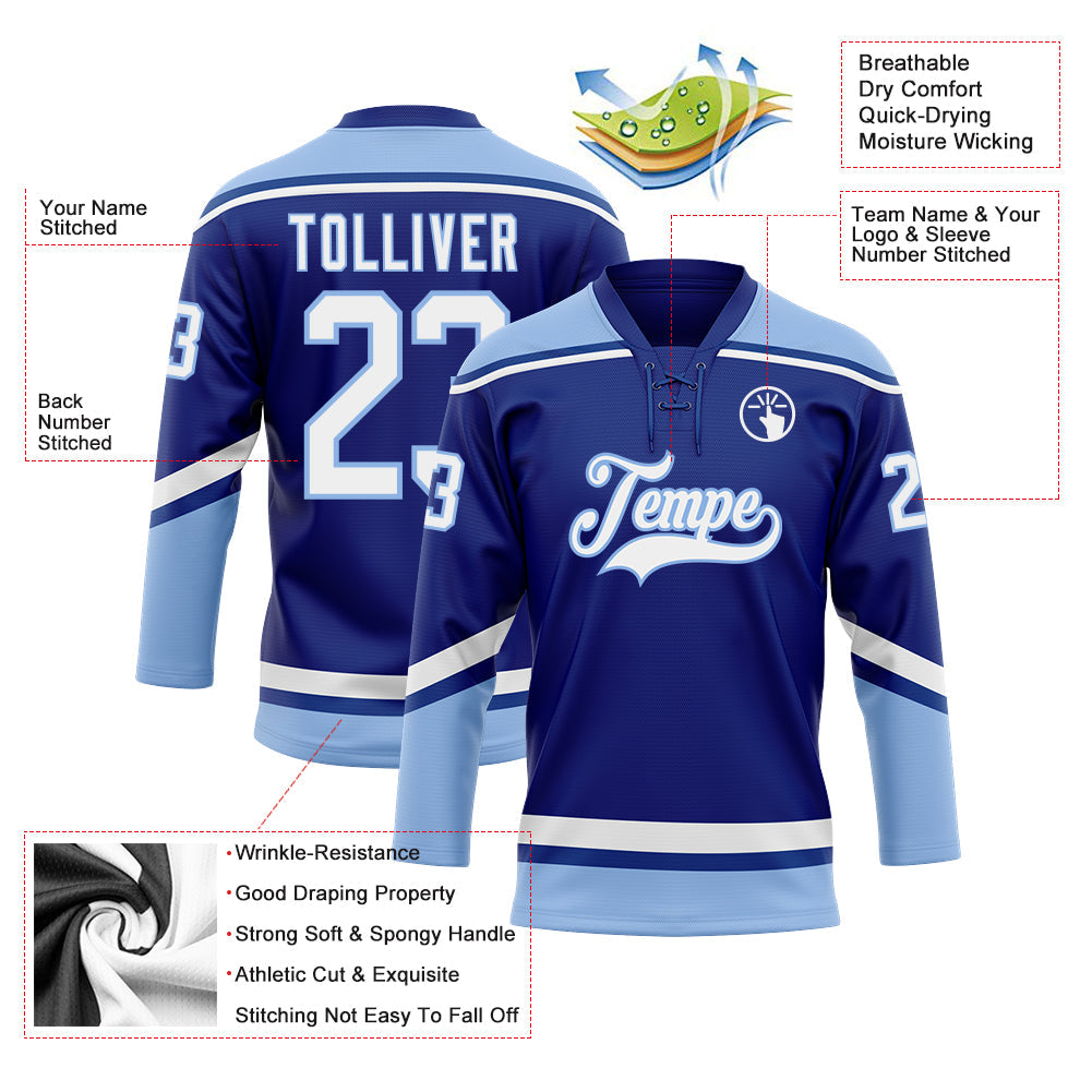 Custom Royal White-Light Blue Hockey Lace Neck Jersey view 3