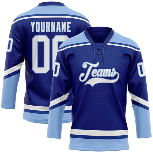 Custom Royal White-Light Blue Hockey Lace Neck Jersey - Main View