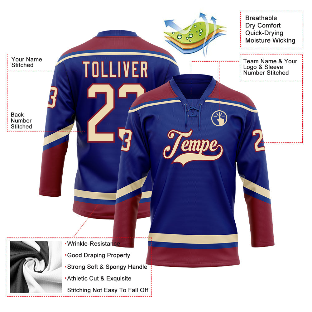 Custom Royal City Cream-Crimson Hockey Lace Neck Jersey view 3