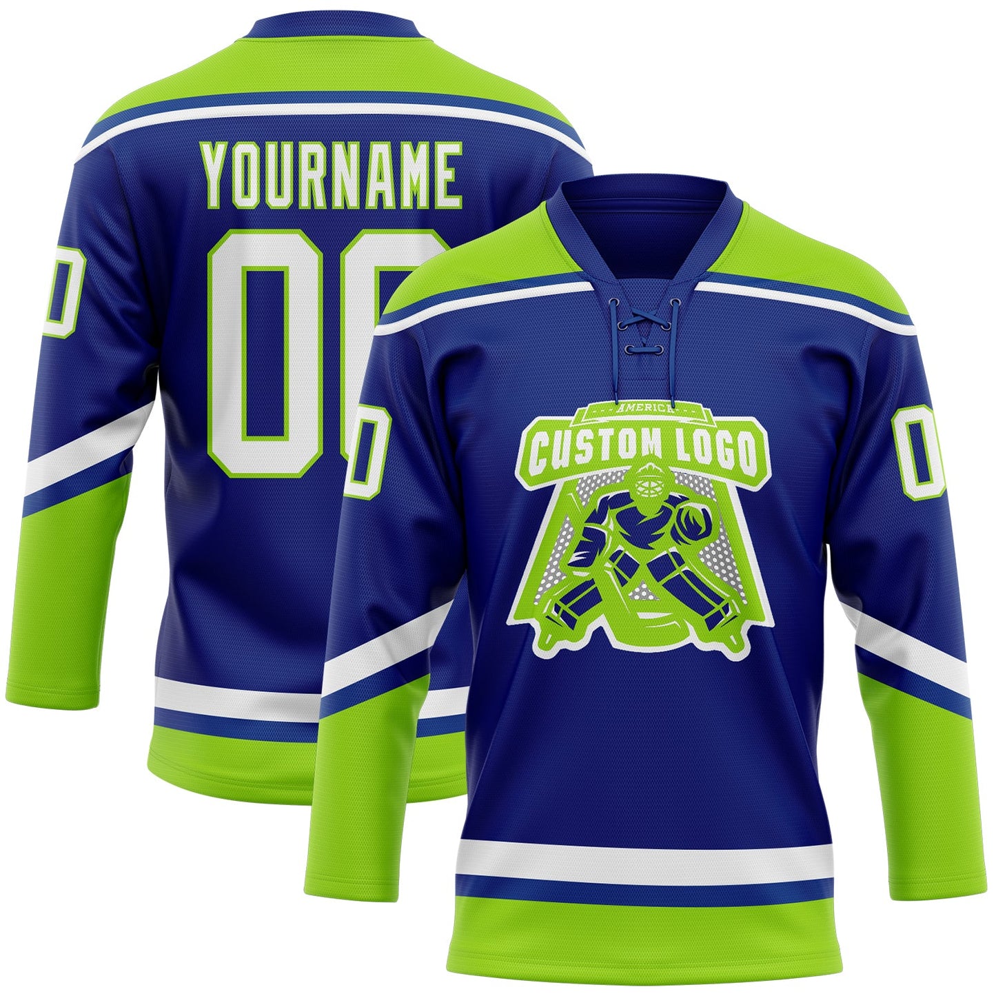 Custom Royal White-Neon Green Hockey Lace Neck Jersey view 2